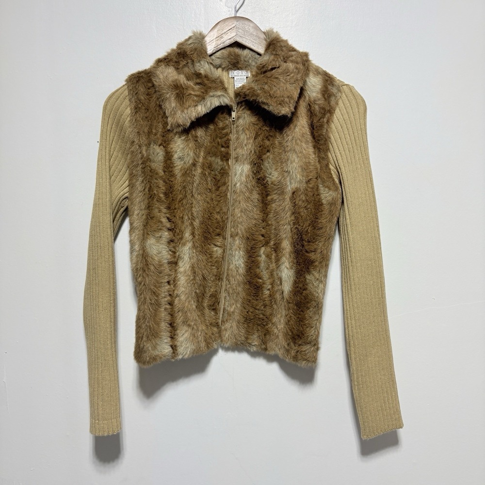 XOXO Vintage Sweater Womens M Tan Faux Fur Ribbed 90s Y2K Zip Front Cardigan
